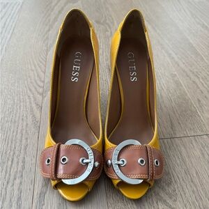 Guess Yellow and Brown Buckle Peep-Toe Heels